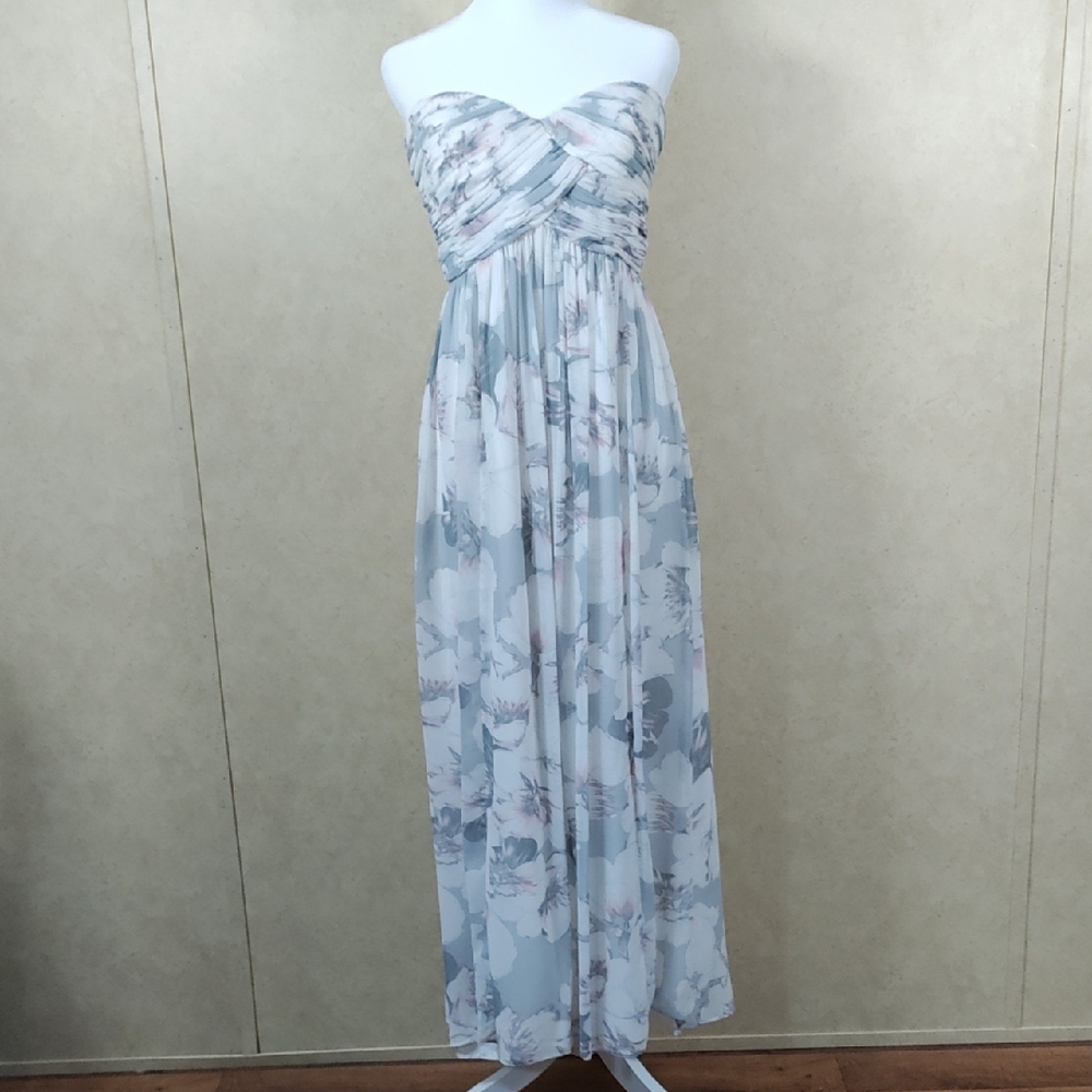 Donna Morgan Strapless Floral Maxi Dress in Light Blue and White